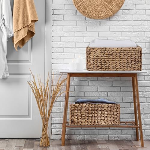 Image of BLUEWEST Woven Baskets for Storage (Pack 4) Large 15.1x11.7 inch Wicker Water Hyacinth Storage Basket with Sturdy Built-in Handle, Collapsible Handwoven Basket for Bathroom, Laundry, Wardrobe, Shelves