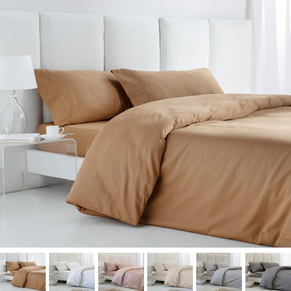 Funda nordica Saten Terracota algodón de 300 Hilos Cama de 150 x 190/200 + 2 Fundas de Almohada. 100% Saten ALGODÓN. Cierre con Botones Color Terracota