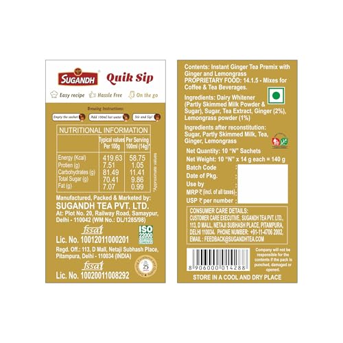 Image of Sugandh Quik Sip Instant Ginger Lemongrass Chai Premix (Pack of 2) - Single Serve Sachets - 2 Boxes of 10 Sachets each
