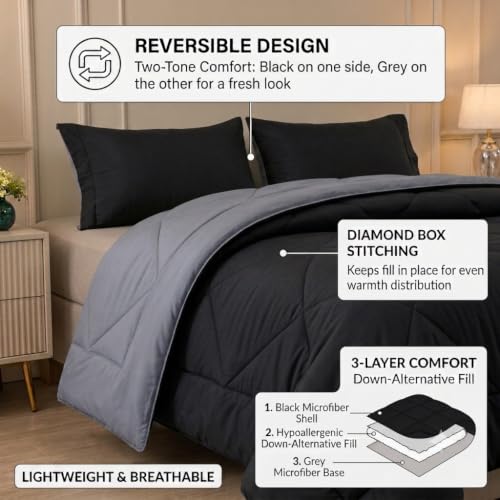 Image of 220 GSM Comforter Single Bed | Microfibre Reversible AC Blanket Duvet Quilt Single Bed for Summer | Comfortable and Super Soft (Black & Grey)