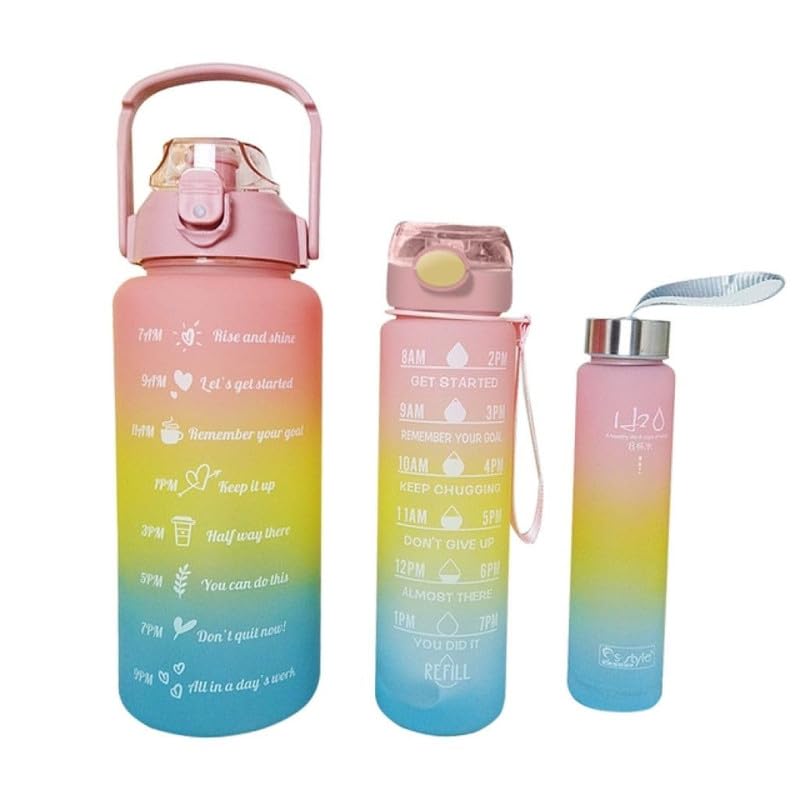 Image of MOTIVATIONAL 3-Pcs (2000ML-900ML-300ML) Water Bottle with Straw & Time Marker | Leak-Proof Sports Bottle for Gym, Office, School | Break-Resistant Silicone Bottle for Daily Hydration (Yellow)
