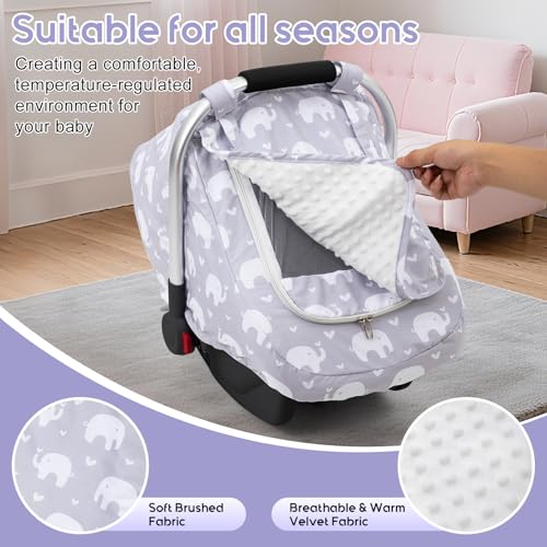 Image of Baby Car Seat Cover, Mink Warm Infant Car Seat Cover for Girls Boys, Universal Carseat Cover with Mesh Peep Window & Sun Shade, Baby Carrier Canopy Cover for Winter Autumn