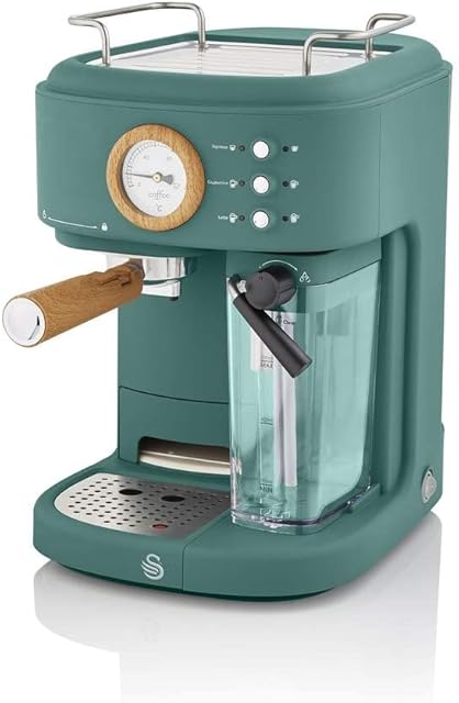 Swan Nordic One Touch Espresso Machine, Pine Green, 15 Bars of Pressure, Milk Frothing Steamer, 1.7L Tank, Scandi-style, SK22150GREN