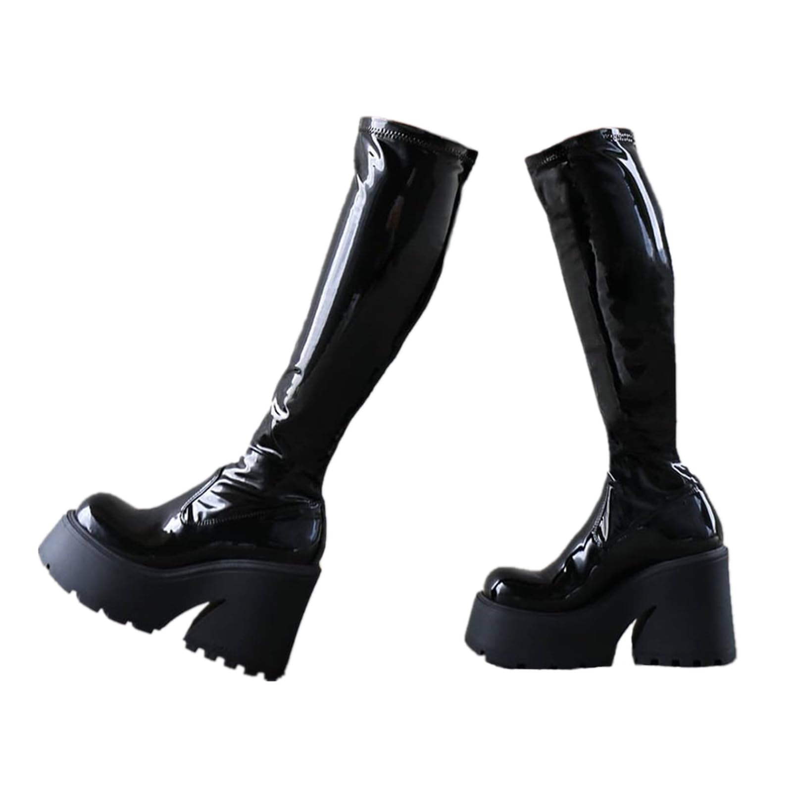 UOQAPRE Womens High Platform Mid Calf Wedges Chunky Booties Heel Round-Toe Side Zip Winter Punk Combat Boots For Women