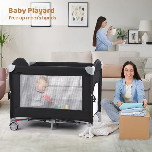 Image of JOYMOR 5-in-1 Pack and Play with Bassinet and Changing Table, Lightweight Travel Crib, Foldable Baby Playard, Waterproof Changing Top, Carry Bag & Wheels