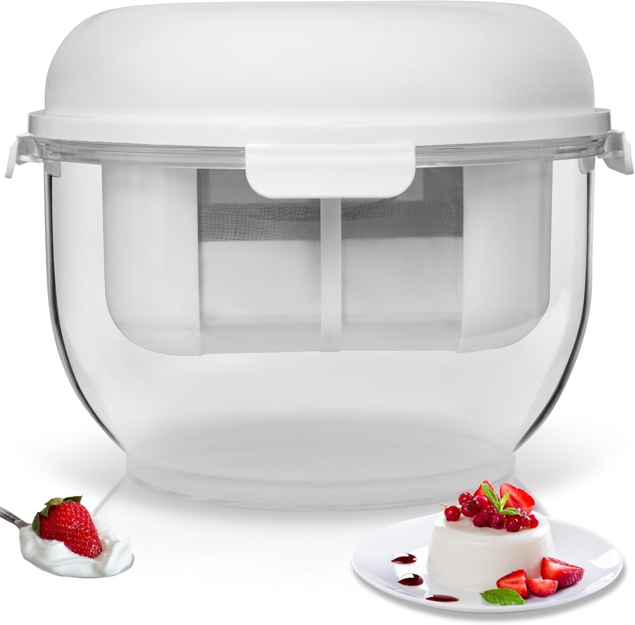 DIY Yogurt Strainer | Fine Mesh Filter with Spring Press | Yogurt, Kefir, Nut Milk & Soy Milk Strainer | BPA-Free Large Yogurt Container for Home Kitchen | (1Pcs)