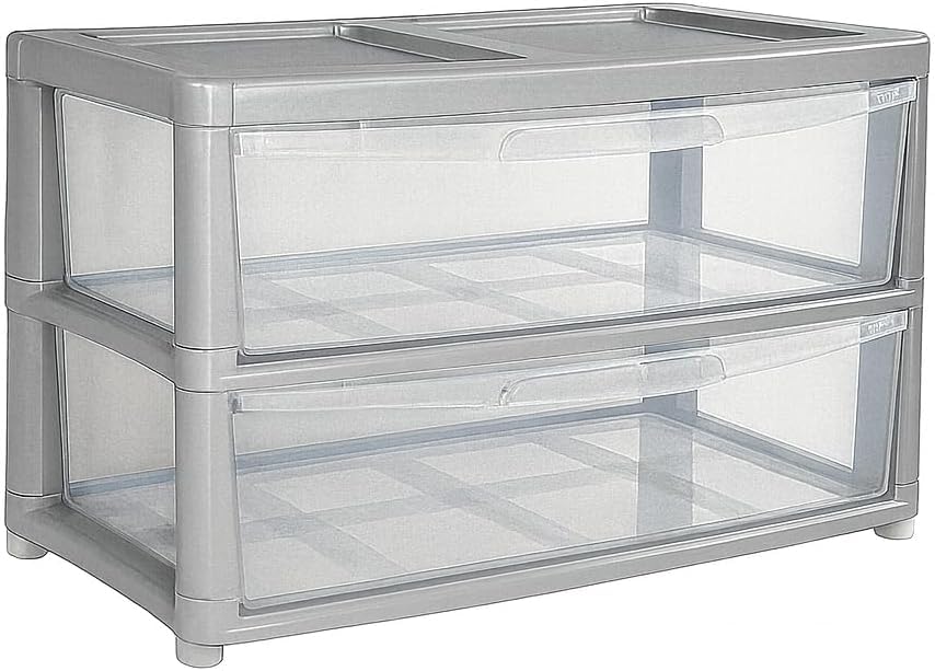 PD - 2 Tier Silver/Clear Jumbo Chest Storage Drawers Unit Modular Plastic Organiser Tower for Home Office Bedroom Closet Nursery Dorm Room Organisation Heavy Duty Storage Solution