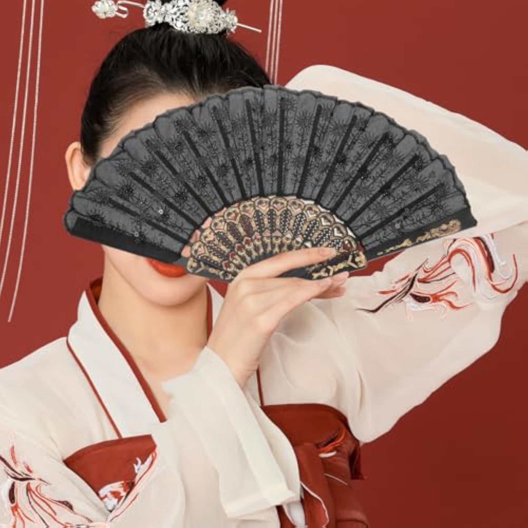 Black Embroidered Sequin Folding Fan for Dance