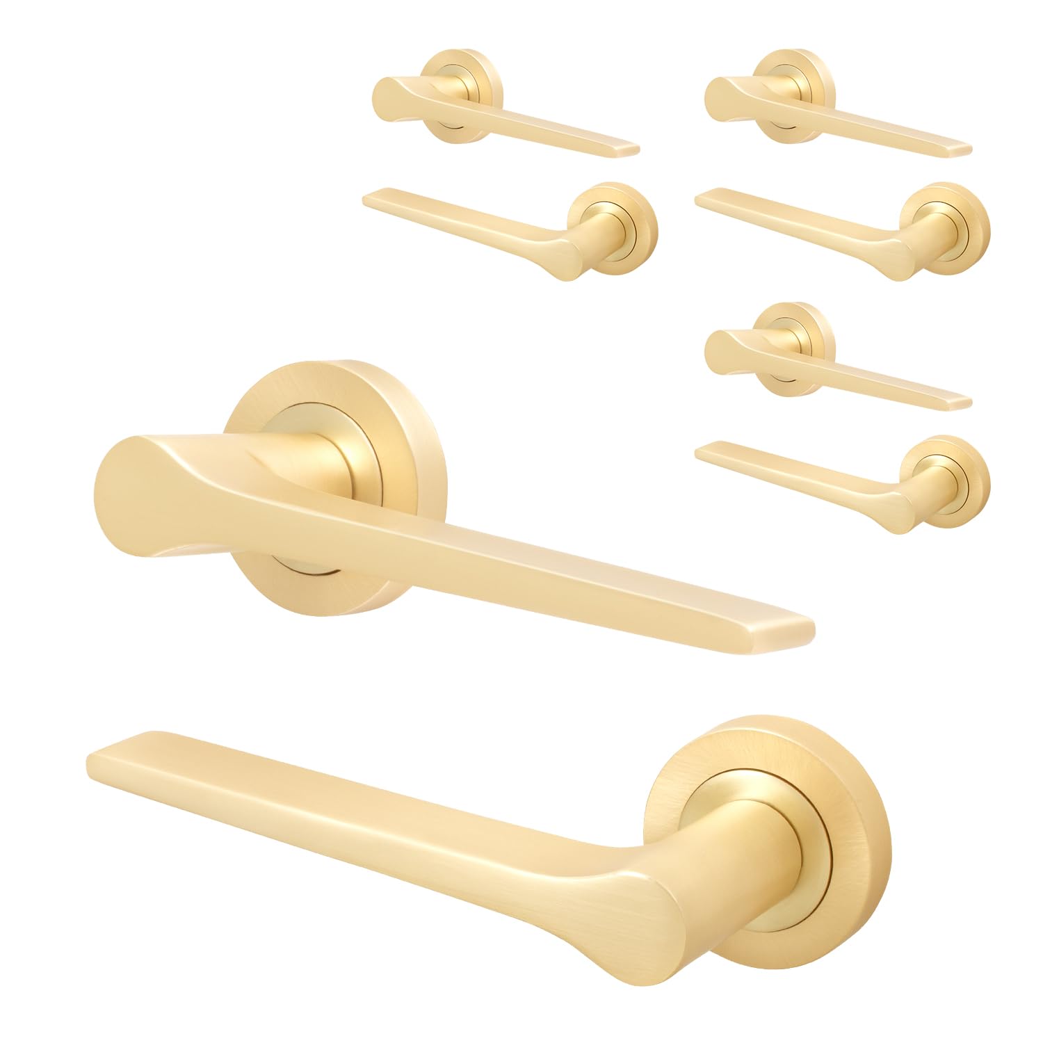 EAI Satin Brass Door Handles, 4 Pairs Lever on Rose - Tarna