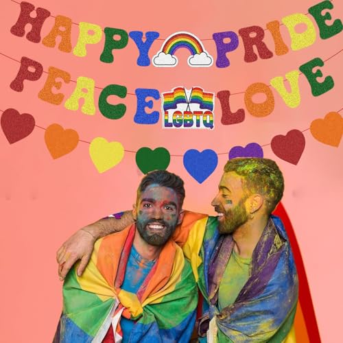 Image of Pre Strung Happy Pride Peace Love Banner Pride Month Decorations, Glitter Rainbow Sign for LGBTQ+ LGBT Party Lesbian Gay Bisexual Transgender Celebration Office Home Indoor Photo Props Backdrop Decor