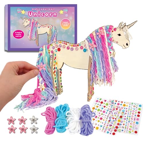 Magical Valley Wooden Unicorn Craft Kit | Creative DIY Gift for Girls with Yarn, Gem Stickers, Flowers | Kids Ages 6 7 8 9+