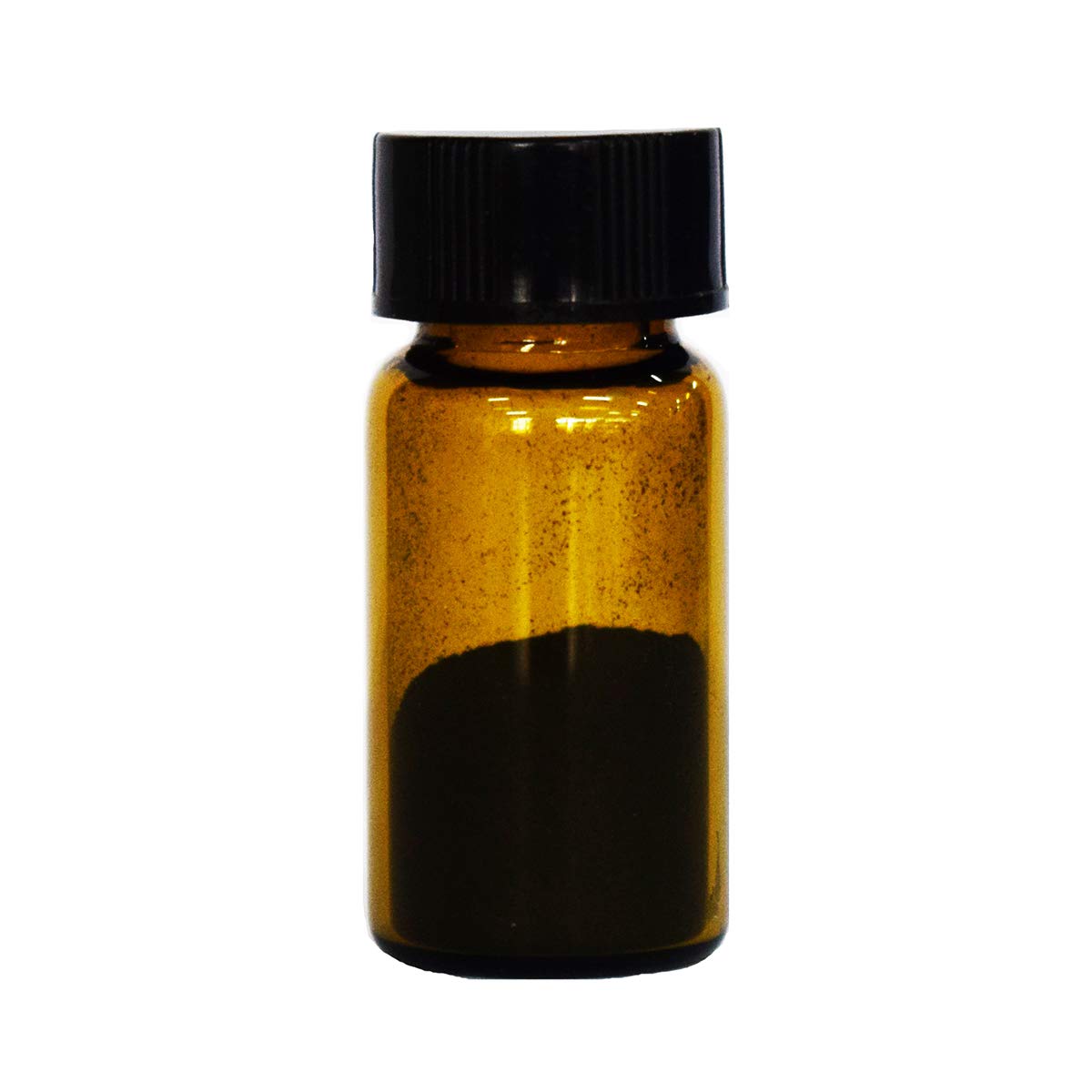 Close-up of an open glass vial showing dark brown to black Fullerene C60 powder settled at the bottom.