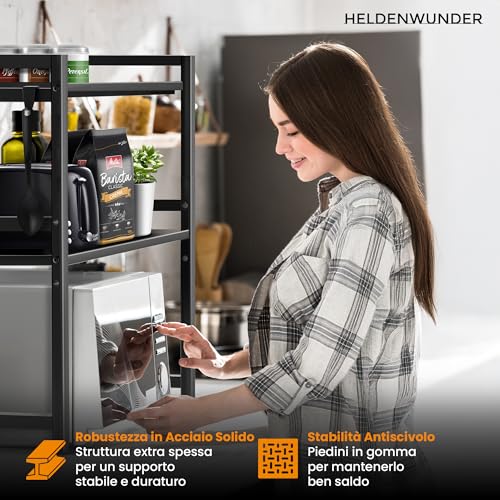 Heldenwunder Mensola Mobilecucina Salvaspazio Acciaio (2 Ripiani) | Organizer Forno Mobiletto Scaffali | Supporto Microonde Regolabile + Video Guida, Ganci – Nero - 8