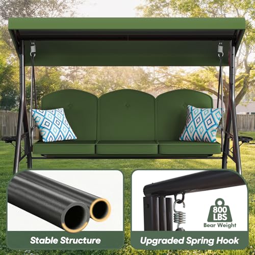 Image of ZZW 3 Seat Outdoor Porch Patio Swing with Stand 800lbs 2-in-1 Convertible Swing Bed with Adjustable Canopy & Removable Cushion for Yard Garden Deck (Green, Square Tube)