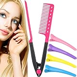 1 Pack Hair Straightening Comb with 4 Pieces Duckbill Clip Set Flat Iron Comb Hot Iron Comb Straightener Comb for Great Tresses (Pink)