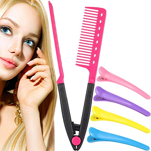 1 Pack Hair Straightening Comb with 4 Pieces Duckbill Clip Set Flat Iron Comb Hot Iron Comb Straightener Comb for Great Tresses (Pink)