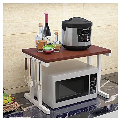 Soporte para microondas de 2 niveles con estante de almacenamiento de teca y blanco, cocina multifuncional para microondas e impresora, diseño compacto para uso doméstico y de oficina