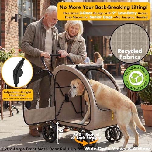 Image of PAWZIDEA 3-in-1 Large Dog Stroller with Detachable Carrier up 100lbs, Foldable Dog Crate for Car Travel, All-Terrain Pet Stroller for 2 Medium Dogs, Jogger Wheels, Adjustable Handle, Stroage Organizer
