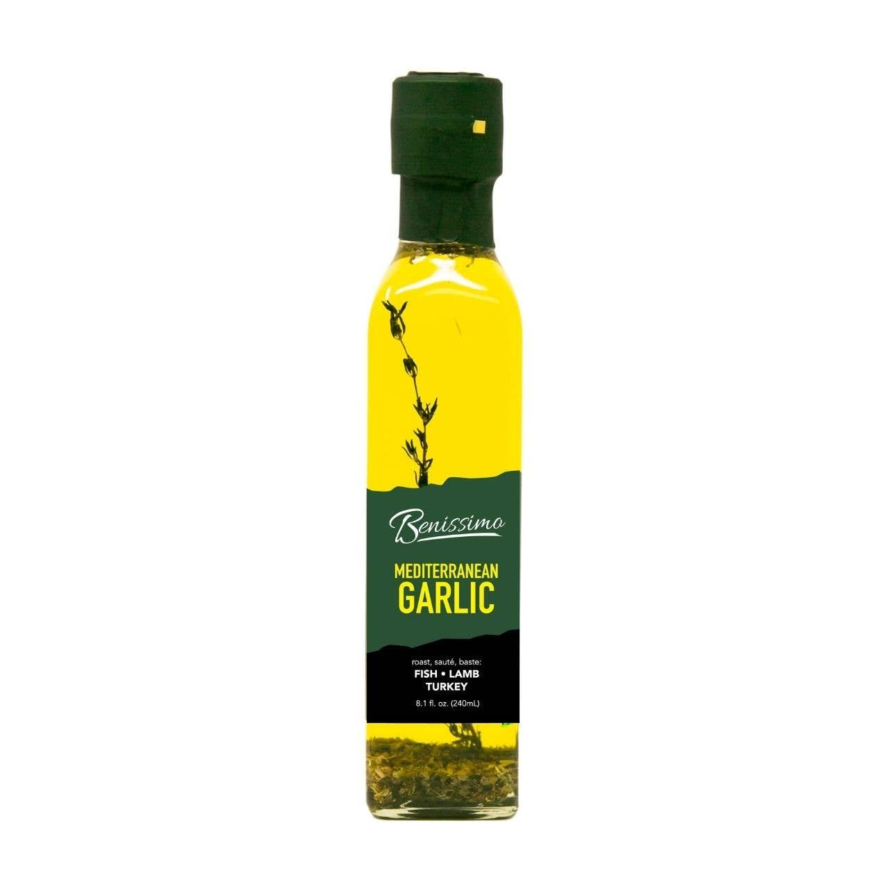 Benissimo Mediterranean Garlic Infused Oil, All Natural Gourmet Cooking Oil with Fragrant Mediterranean Herb Blend, Ideal for Dipping, Sautéing, Drizzling, 8.1 fl oz