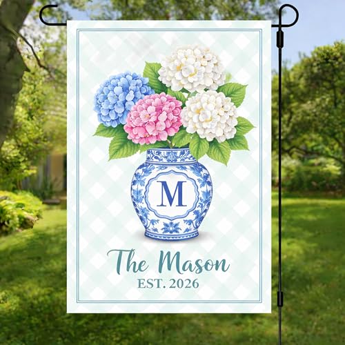 Personalized Initial Chinoiserie Garden Flag with Hydrangea Flowers, Custom Family Name Monogram Outdoor Yard Flag Blue White Floral Vase Porch Decor Housewarming Gift