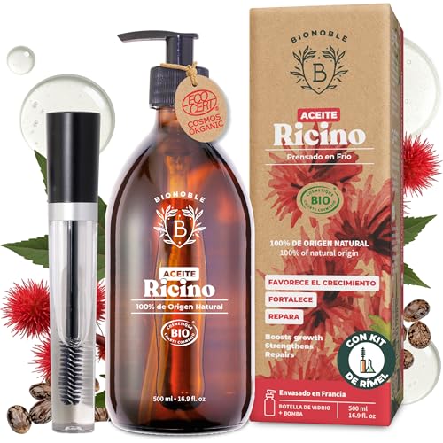 BIONOBLE Aceite de Ricino Organico + Kit de Rímel, Prensado en Frío - Pestañas, Cabello, Cejas - Vegan Castor Oil - Aceite de Ricino 100 Puro y Natural - Botella de Vidrio y Bomba - 500ml