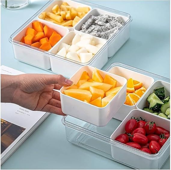 ERITIN Polypropylene Storage Serving Trays for Divided Veggie Tray with Lid Sealed Sectioned Snack Serving Platter Storage with 4 Compartments Snackle Box (Beige) 2