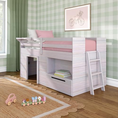 Max & Lily Modern Farmhouse Low Loft (Twin), with Storage Drawer, White Wash