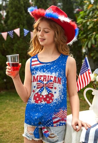 Image of July 4th Girls Patriotic Sleeveless Tie Knot Front Tank Top Stars Stripes Tee Shirt 4-14 Years