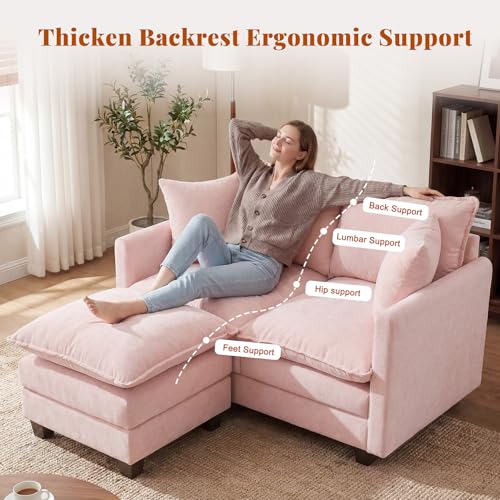 Image of 50'' L-Shape Loveseat Sofa with 22 inch Ottoman, 2 Seat Modern Cloud Couch with 2 Washable Pillows for Small Space Apartment Office Living Room Bedroom, Pink