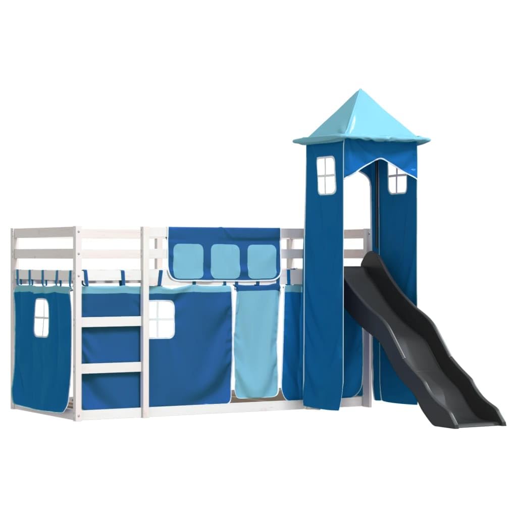 Litera infantil con tobogán, cortinas, 90 x 200 cm, madera maciza de pino, color blanco y azul, cama de juegos, para habitación infantil a partir de 6 años