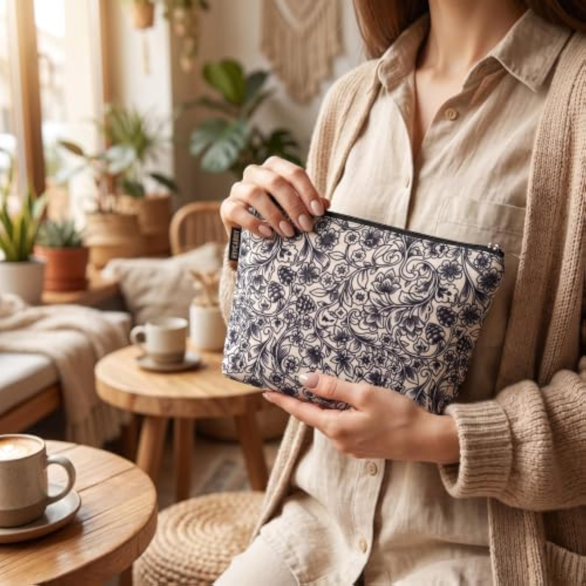 Black & White Floral Printed Canvas Travel Pouch