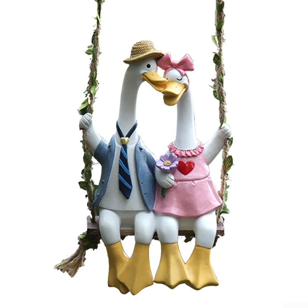 Statue de jardin canard en résine : couple sur balançoire pour décoration extérieure
