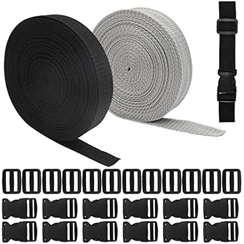 Yuragim 2 Rolle 10 M x 2,5 cm Gurtband mit Schnallen, Nylon Gurtband+ 12 Verstellbare Schnallen Kunststoff Seitenschnallen Cover
