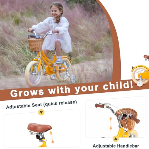 Image of Glerc Little Molly 12-20 Inch Kids Retro Cruiser Bike for 2-13 Year Old with Wicker Basket & Training Wheels /Kickstand, Multiple Colors