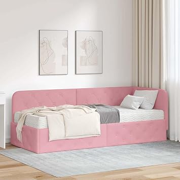 Corner Bed Frame with Mattress, Pink Velvet, 80 x 200 cm, L Shape, Modern Design, Foam Mattress Included, Single Bed with Headboard