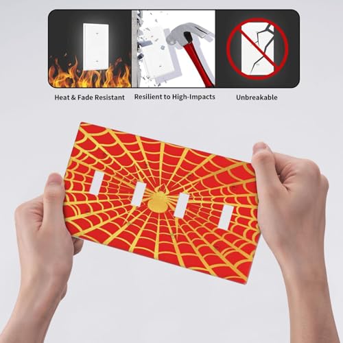 Decorative Switch Plate Covers Red Background with Golden Spiderweb Spider 4 Gang Light Switch Cover Plate Quad Toggle Wall Plate Light Switch Covers for Bedroom Home Decor