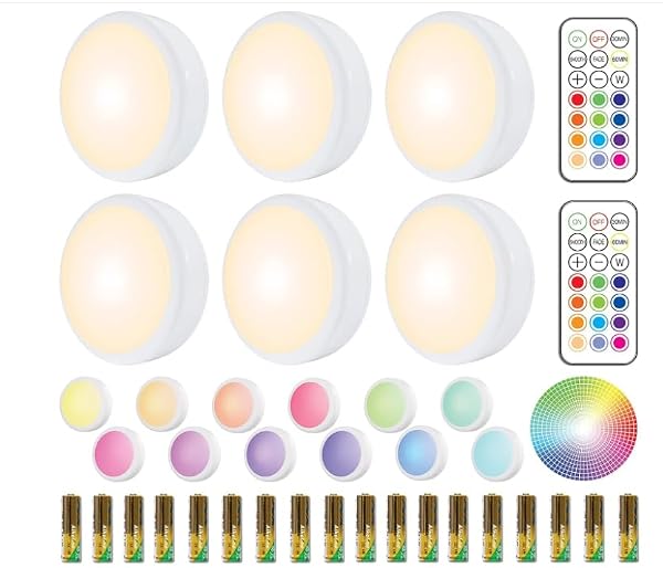 HELPLEX LED Puck Lights with Remote, 6 Pack Color Changing RGBW, Battery Powered Under Cabinet Lighting, Dimmable with Timer & Memory, Stick-On Wireless Light with 18 AA Batteries Included by HELPLEX - Used condition - US$23.09
