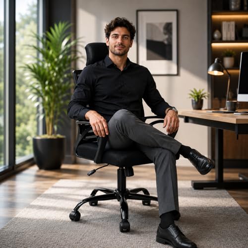 Image of HIGHLIVING Ergonomic Office Chair | Adjustable Headrest | 120 Tilt | Breathable Mesh Back | Moulded Foam Seat | Class 4 Gas Lift | Metal Base | High Back Computer Chair for Home & Office