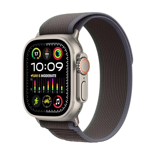 Image of Apple Watch Ultra 2 [GPS + Cellular 49mm] Smartwatch with Rugged Titanium Case & Blue /Black Trail Loop M /L. Fitness Tracker, Precision GPS, Action Button, Extra-Long Battery Life,Bright Retina Display