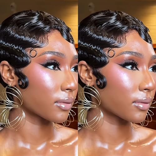 VRZ Short Wigs for Black Women Human Hair Ocean Finger Wave Pixie Cut Wig Human Hair Glueless Costume Wig Layered Brazilian Virgin Black Color No Glue Wig for Daily Use