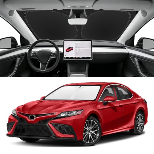 Image of Custom Fit Windshield Sun Shade for Toyota Camry 2018-2024 | Blocks UV Rays and Sun Heat, Helps Reduce Interior Temperature, Protects Dashboard from Fading, Folds Easily for Storage