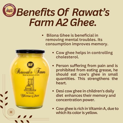 Image of Rawat's Farm A2 Vedic Bilona Cow Ghee 500 ml | Glass Jar | Curd Churned Bilona Ghee | Government Laboratory Passed | 100% Natural | Immunity Booster | Good for Heart |