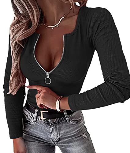 OwnTime Womens Sexy Tops Long Sleeve Henley Shirts Fitted Low Cut Tops Ribbed Zipper V Neck Cleavage Fall Shirts Blouses3