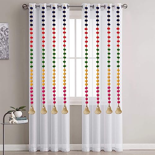 Image of DSCYENTES Pom Pom Door Side Hangings for Decoration, Ganesh Chaturti Decoration, Wall Hanging for Main Entrance,Temple Pooja Room, Stylish & Handmade Diwali Hanging (3 Feet, 8 Pc's)