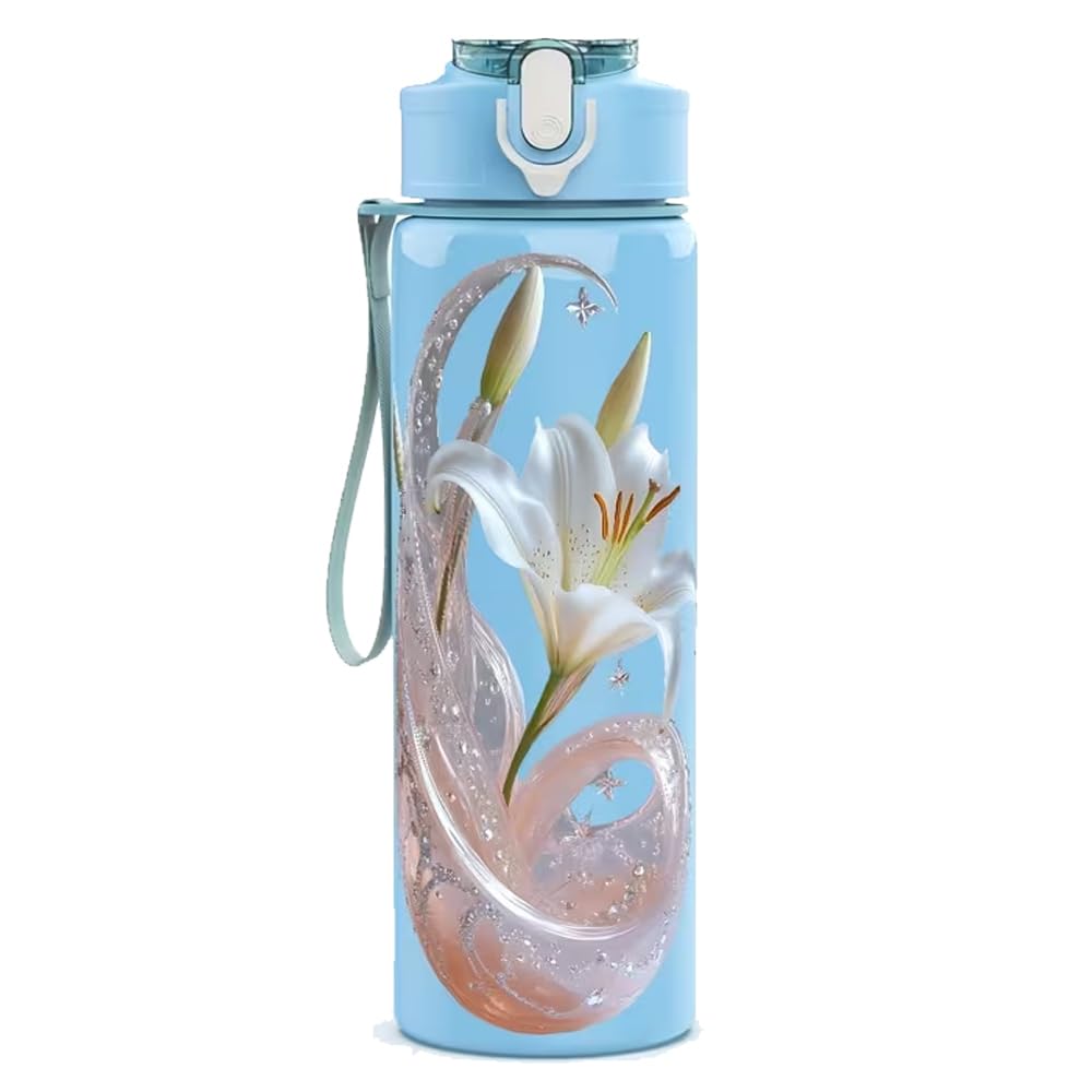 Water Bottle 750ml/25oz โ Crystal Lily Printed, Translucent Plastic, Lightweight Leak Proof Travel Cup, Reusable for Running & Gift for Birthday(Green)