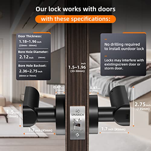 Smarich Fingerprint Door Lock With Handle Lever Dze002 Keyless Entry Smart Door Lock Wtih 50* Biometric Codes, Adjustable Left/Right Handle Door Knob, 60/70Mm Latch, Backup Key(Premium Black) #TOP2