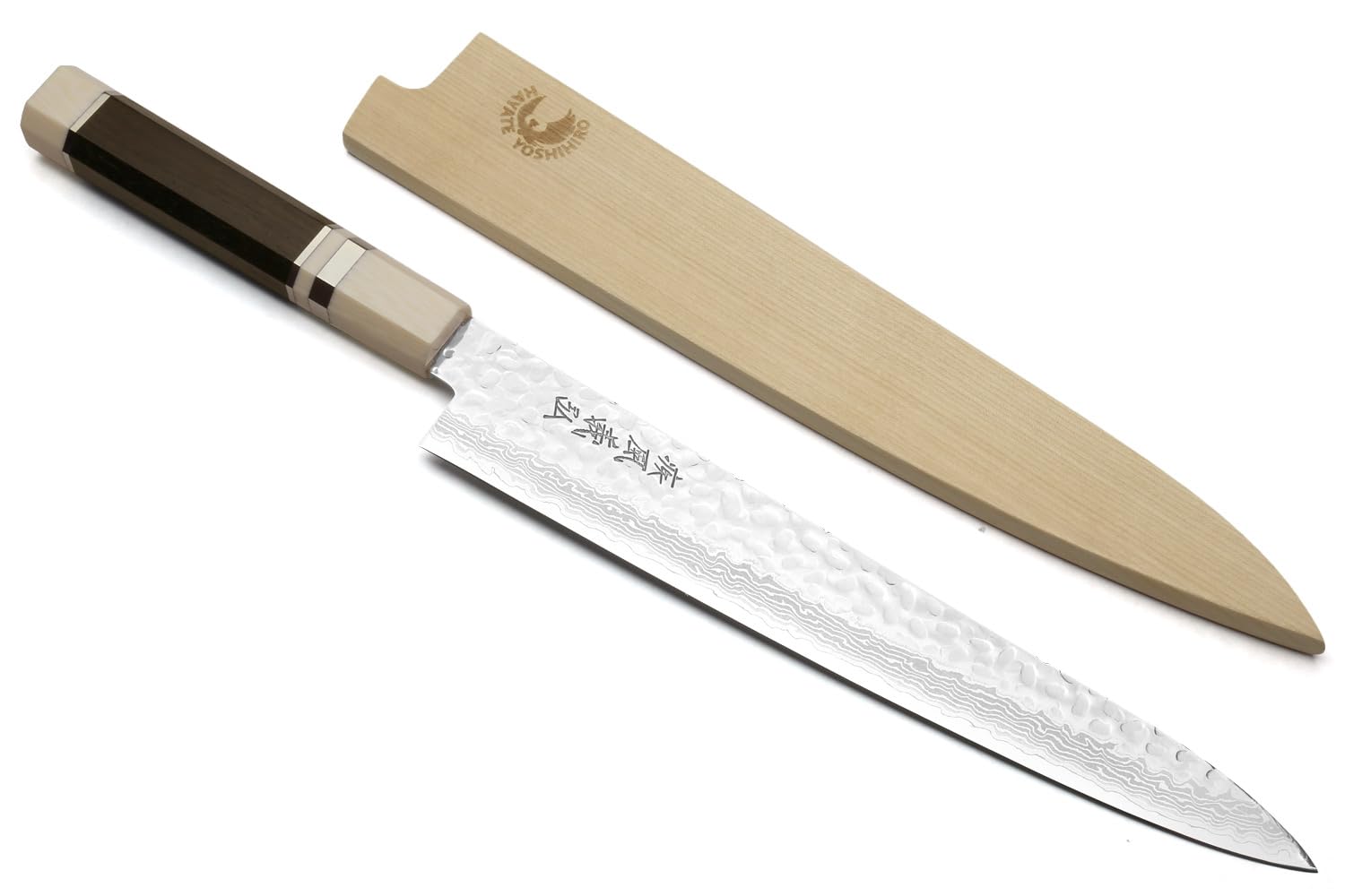 Yoshihiro VG10 46 Layers Hammered Damascus Sujihiki Japanese Slicer Knife (9.5" (240mm) Ebony Handle with Alternative Ivoy Bolster)