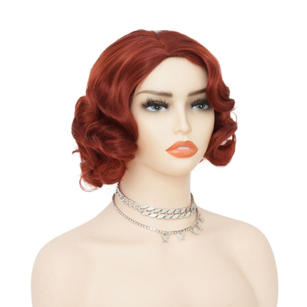 Salaibs Red Short Curly Wigs for Women Brownish Red 1920s Finger Wave Wig Synthetic Fiber 30s Disco Costume Hair Wig for Cosplay Halloween Use - Image 4
