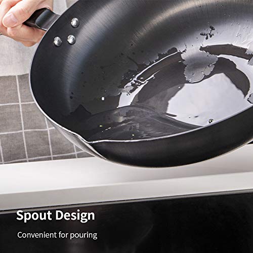 SKY LIGHT Wok Pan, No Chemical Stir Fry Pan 12.5-inch, 100% Carbon Steel Chinese Iron Pot with Detachable Wooden Handle, Scratch Resistant Flat Bottom for Electric, Induction & Gas Stoves, Oven Safe