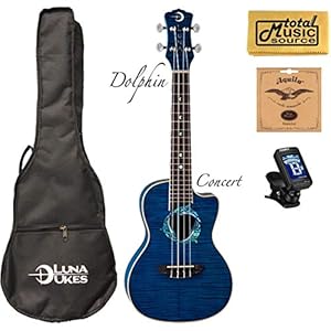 Luna Fauna Series Dolphin Quilted Maple Concert UkE w/Strings,Tuner &PC